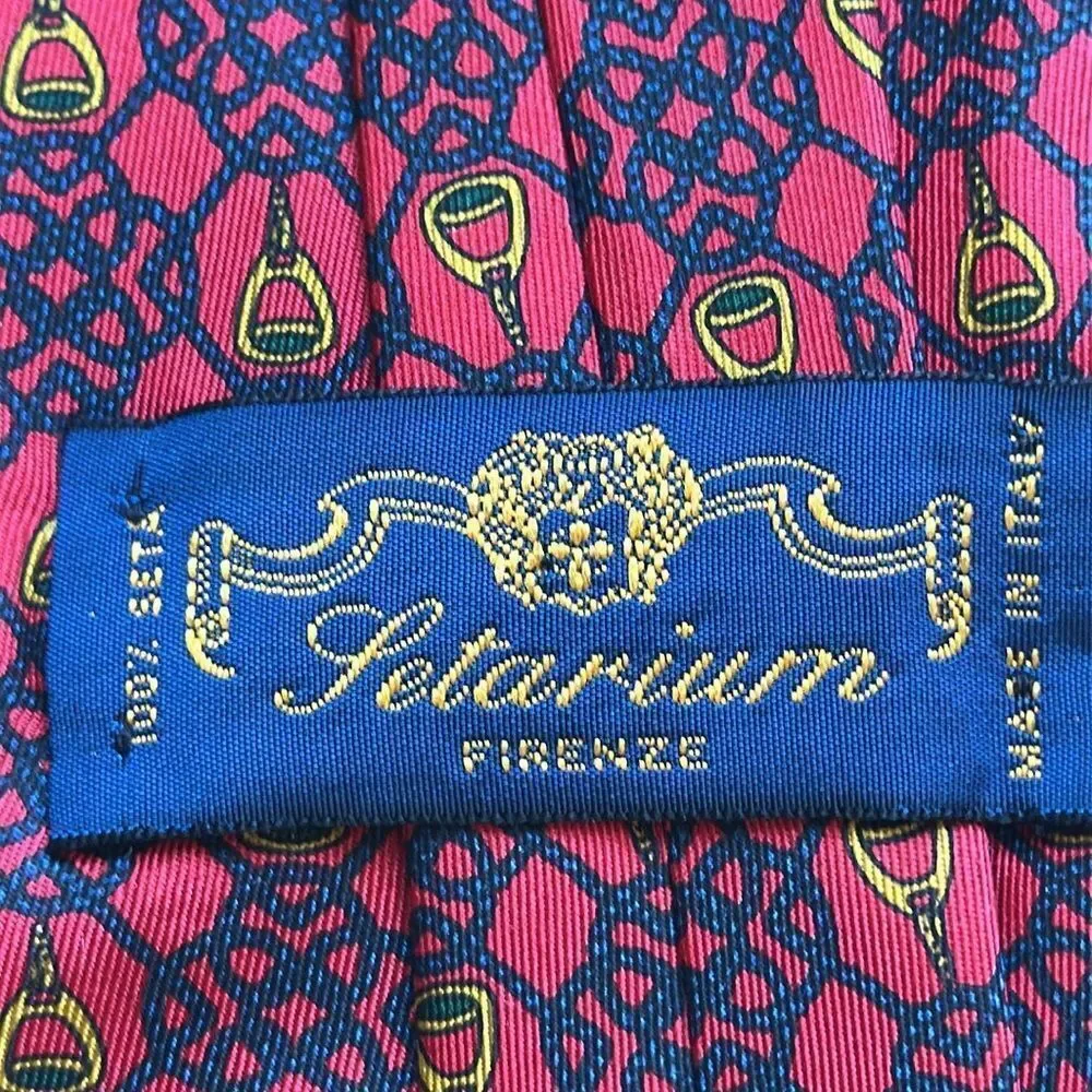 Vtg Setarium Firenze red, navy blue & gold rope & stirrup print Italian silk tie